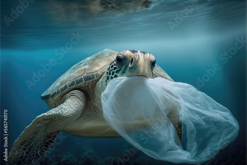 Sea ​​turtle biting white garbage bag. Generative AI