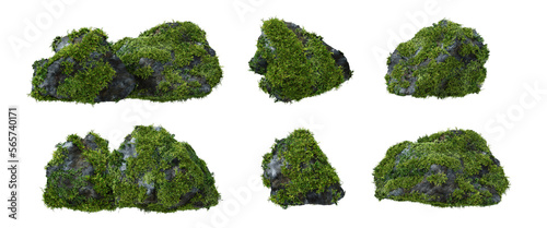 Architectural and landscape concept. Top and side view grey stone with moss isolated on transparent background. 3d rendering illustration. PNG format