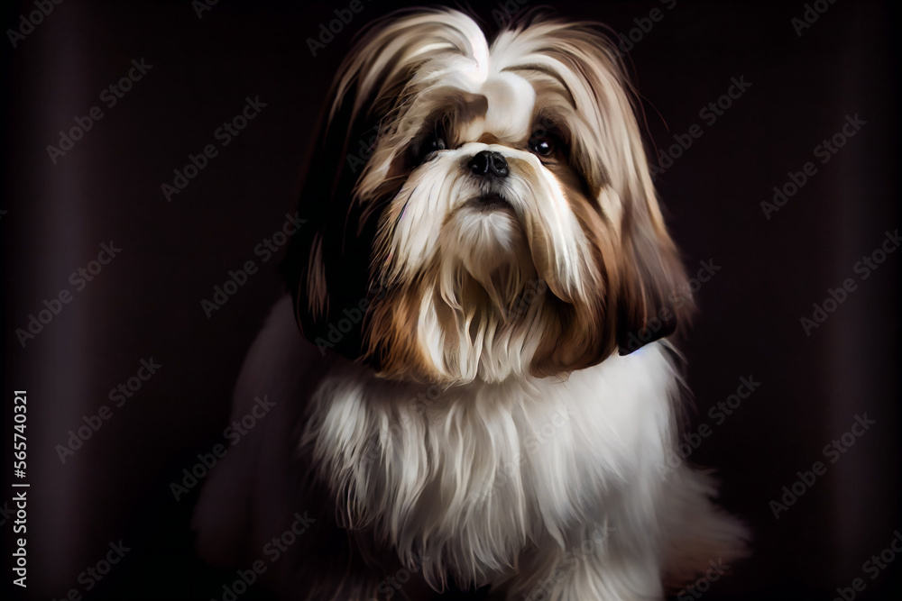 Shih Tzu Dog On A Black Background. Generative AI. Shih Tzu Dog On A Black Background. Generative AI.