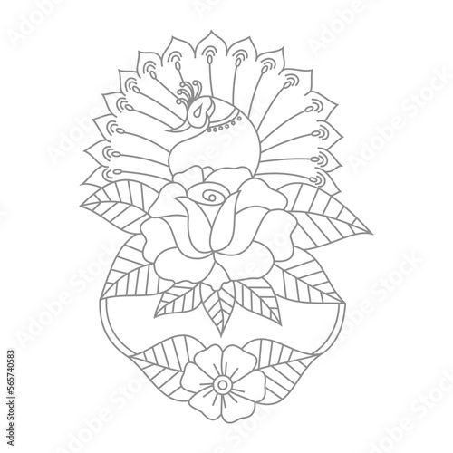 Fototapeta Naklejka Na Ścianę i Meble -  Cute Birds and Easy relaxing potted Rose Flowers Doodle Coloring Page for Adults and kids