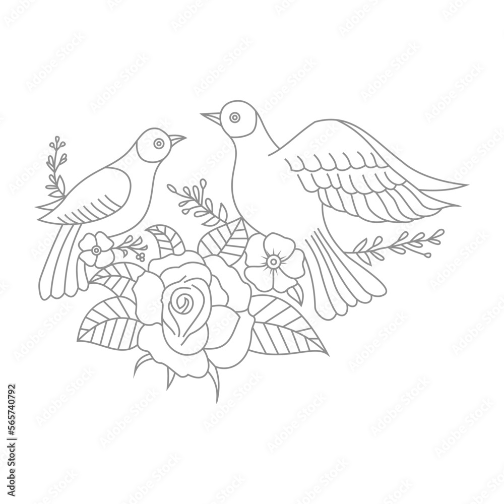 Fototapeta premium Cute Birds and Easy relaxing potted Rose Flowers Doodle Coloring Page for Adults and kids
