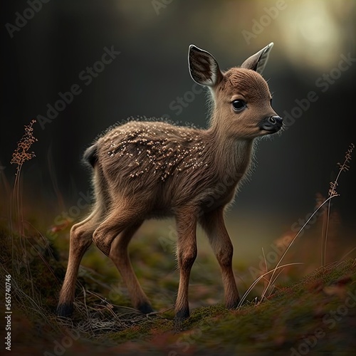 Cute baby deer on blurred natural background. Adorable roe fawn closeup portrait ai generated illustration.
