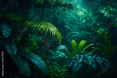 Tropical Rainforest Landscape background. Tropical jungle palms. Generative AI . © EwaStudio