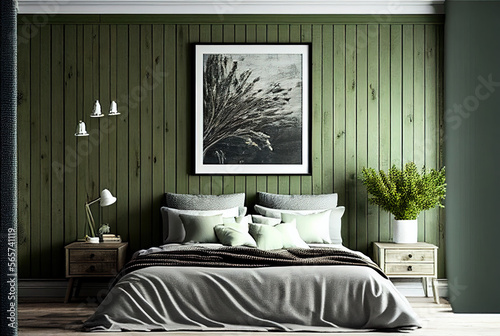 Bedroom decor photograph, avocado green shiplap walls, aged wood shiplap nature photo hanging on wall photo