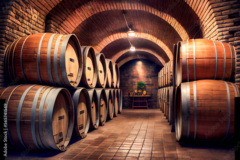 Wine cellar interior with large wooden barrels.  Generative AI.