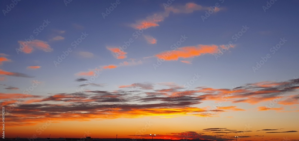 Bright sunset in Spain in winter. Orange sunset. Red sunset. Evening sunset in Spain. 