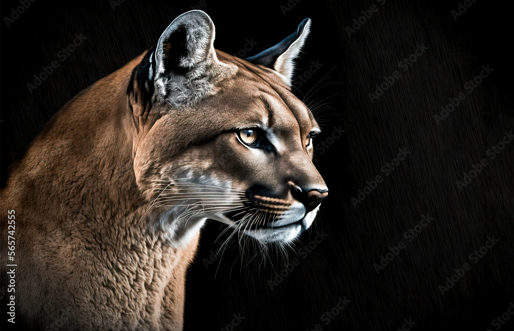 Naklejka premium Cougar a large cat also called a Puma or Mountain lion. Head shot of a beautiful native cat on a dark background. Generative ai.