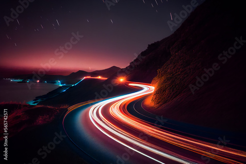 A long exposure photo of a highway at night.  Generative AI. photo
