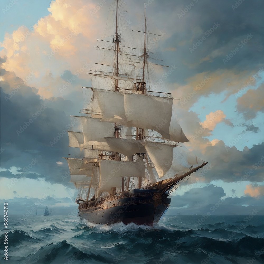 beautiful sailing ship, in the open sea, cloudy sky, waves, fantasy, generated by ai
