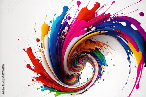 Abstract colorful bright vivid colors liquid acrylic paint motion flow on white background with swirls and paint explosions and drops. Business background template