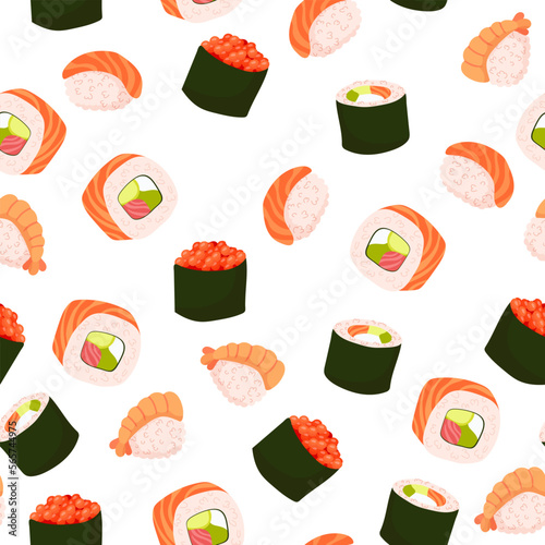 Seamless pattern Set for sushi. Different types of sushi and rolls. Traditional Japanese roll, with tobiko caviar, original with Philadelphia cheese and soy sauce, salmon and king prawns. Vector