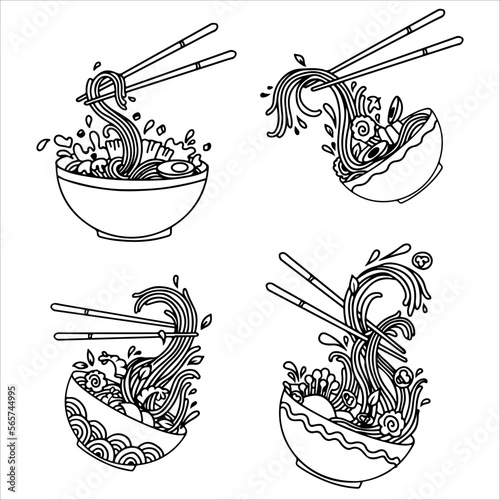 Soup with ramen noodles. Noodles. Vector illustration. Traditional Asian Japanese food in sun red circle with texture Vector illustration