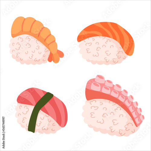 Set for sushi. Different types of sushi and rolls. Traditional Japanese roll, with tobiko caviar, original with Philadelphia cheese and soy sauce, salmon and king prawns. Vector illustration