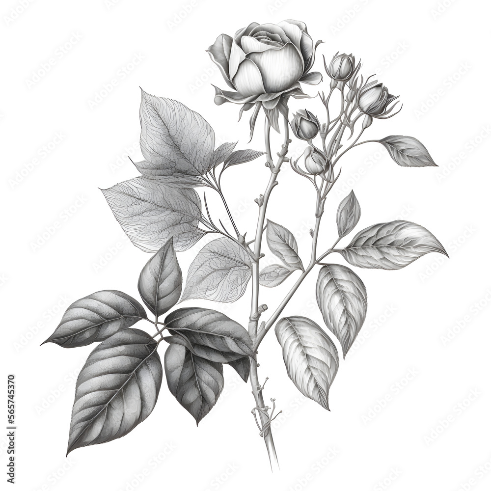 small rose bud and bloom black sketch illustration isolated on white using generative AI