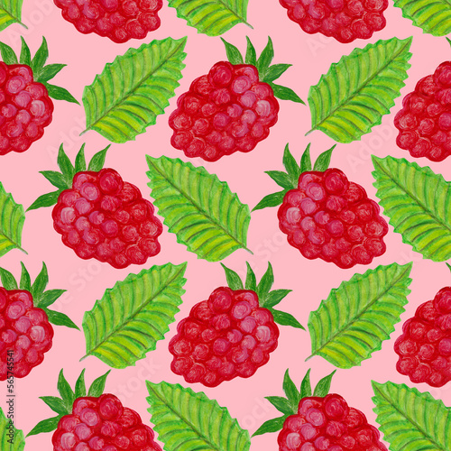 Seamless pattern with red raspberries and green leaves painted in watercolor on a pink background.