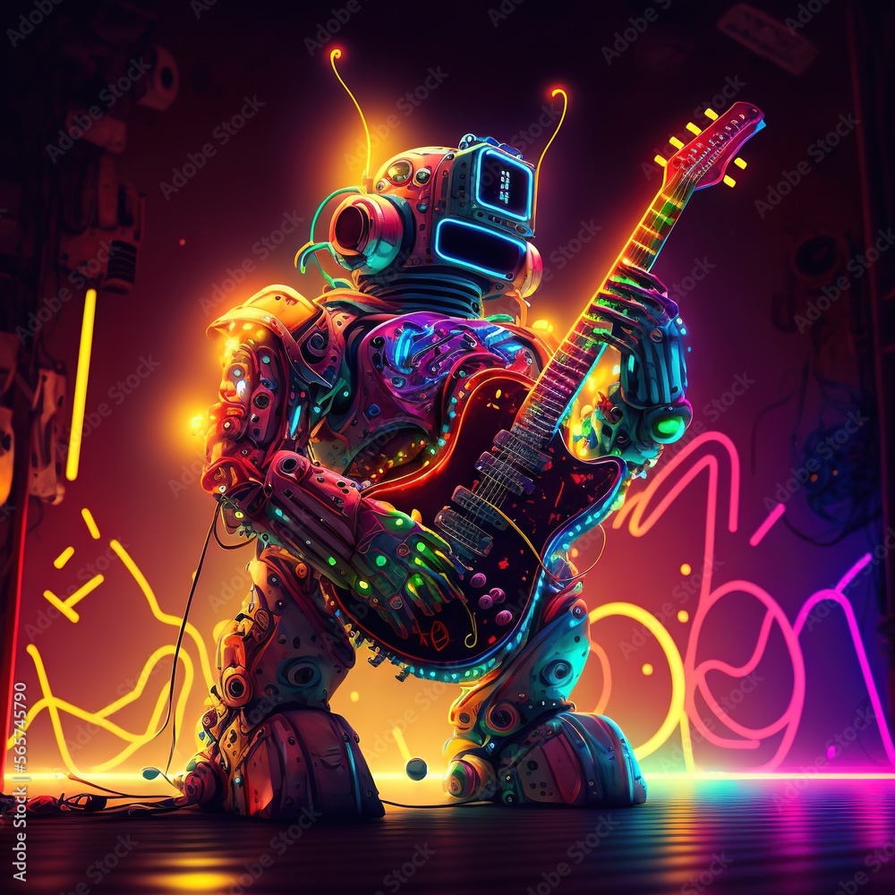 a robot playing a guitar in a neon room with neon lights on the walls and a neon background behind it, with a neon glow.  generative ai - obrazy, fototapety, plakaty 