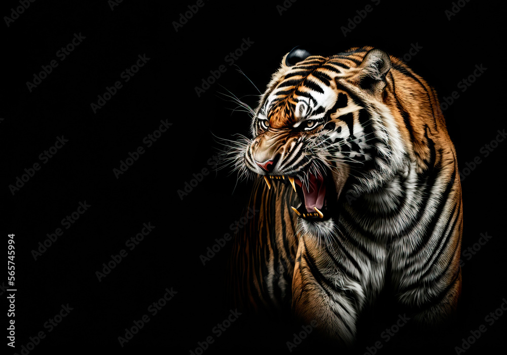 Siberian Tiger aggressively roaring showing teeth, close up head shot of an orange and black stripped cat on a black background.  Generative ai