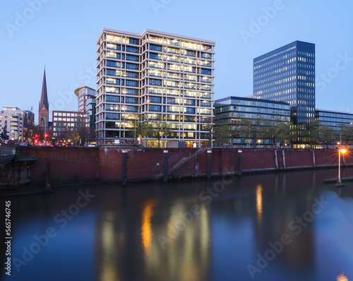 Modern buildings reflection in the canal in Hamburg, Germany