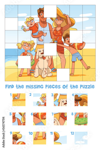 Find the missing pieces of the puzzle. Educational game for children. Choose correct element. Family on vacation at sea. Colorful cartoon characters. Funny vector illustration © kharlamova_lv