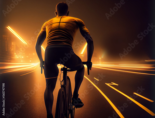 Man riding bike night background. Illustration AI Generative