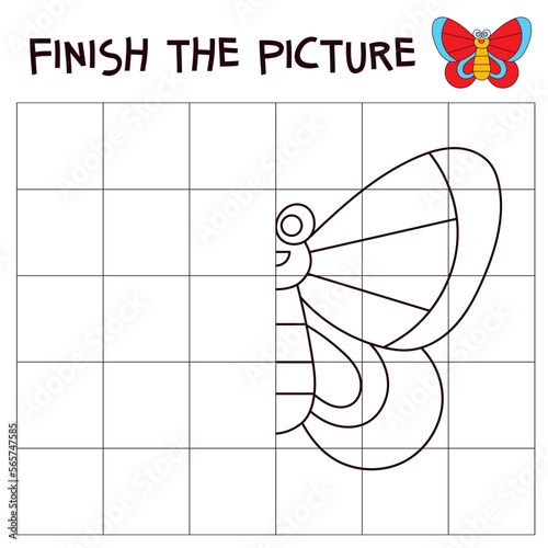 Finish the drawing of butterfly. Educational game for children. Cartoon characters. Funny vector illustration. Isolated on white background