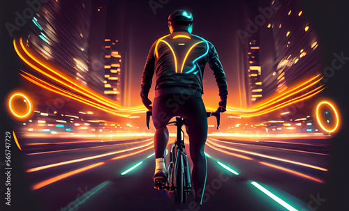 Man riding bike night background. Illustration AI Generative