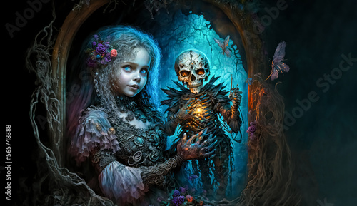 Terrifying horror girl doll with skeleton and zombie. halloween concept. Mystical nightmare concept. Beautiful and spooky doll with Blue eyes. generative ai 