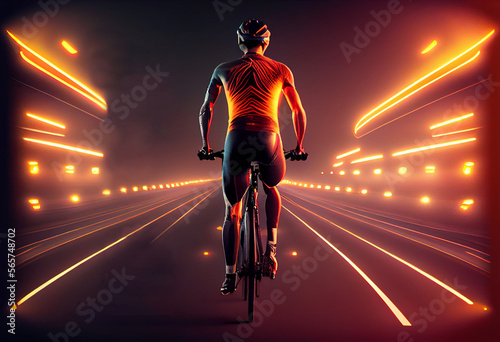 Man riding bike night background. Illustration AI Generative