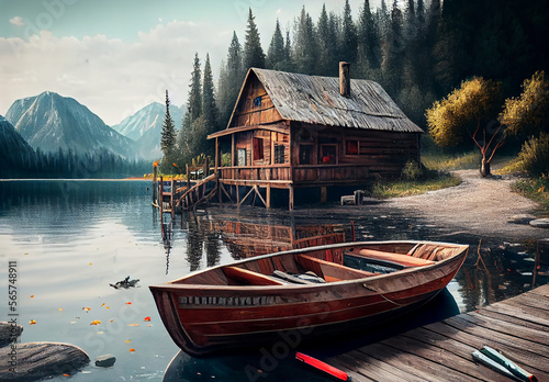 Wooden boat in the lake near the old village house. Illustration AI Generative photo