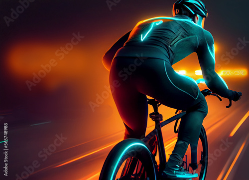 Man riding bike night background. Illustration AI Generative