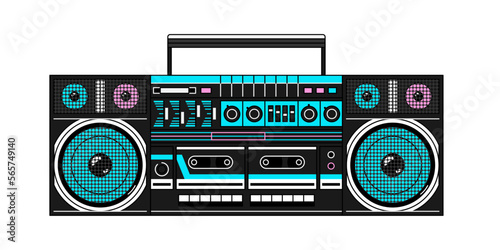 Retro boombox cassette player in trendy 90s, y2k neon style. Vector isolated illustration in pink, blue and black colors.