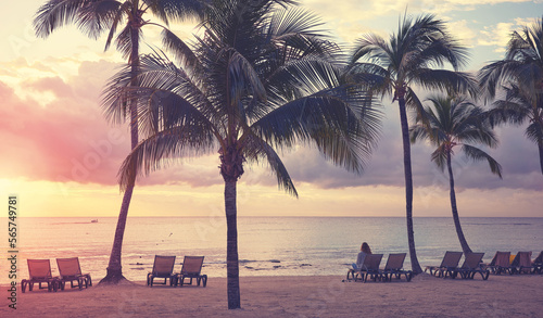 Caribbean beach at sunset, color toning applied, Mexico.