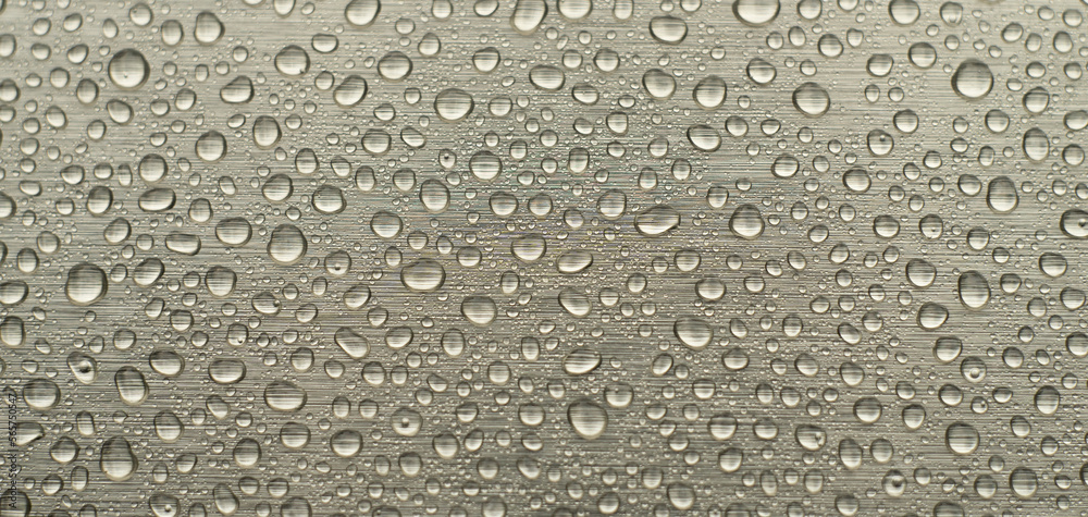 Round water drops on a silver horizontal background. Wet background for text.