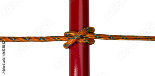 clove hitch knot, orange rope. example of knot used outdoors, png transparent background photo