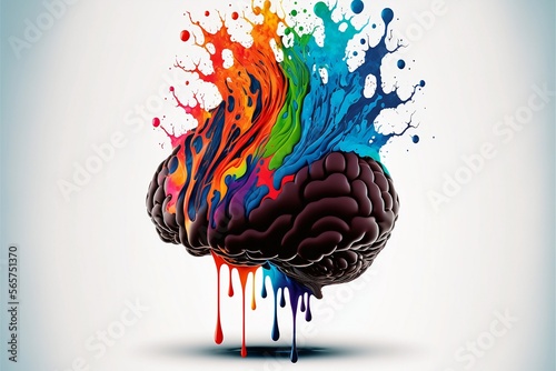 Human brain with colorful boiling liquid. Human brains in multi-colored paints. Generative AI