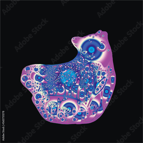 Bear in yoga pose with floral ornaments. Vector cosmic gradient illustration. Space wild animal.