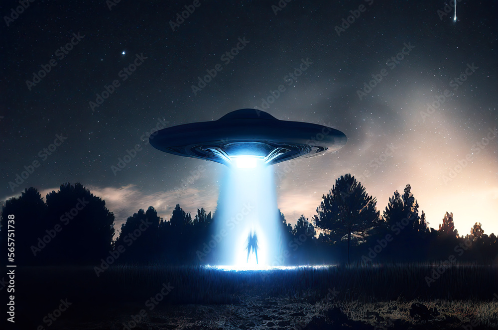 Flying extraterrestrial saucer UFO in the night sky. Alien abduction