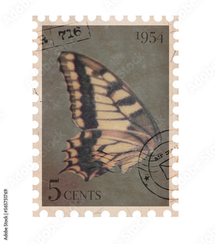 Vintage Postage Stamp with Butterfly. Retro Printable post stamp. Aesthetic cutout Scrapbooking elements for wedding invitations, notebooks, journals, greeting cards, wrapping paper