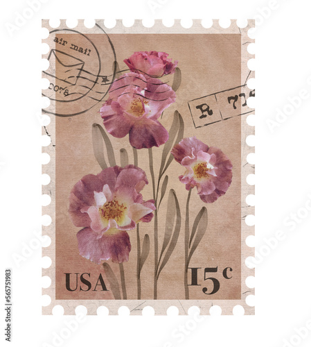 Floral vintage Postage Stamp. Retro Printable post stamp with flowers of Roses. Aesthetic cutout Scrapbooking elements for wedding invitations, notebooks, journals, greeting cards, wrapping paper