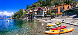 One of the most beautiful lakes of Italy - Lago di Como. panoramic view of beautiful Varenna village, popular tourist attraction