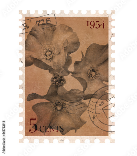 Floral vintage Postage Stamp. Retro Printable post stamp with flowers of Roses. Aesthetic cutout Scrapbooking elements for wedding invitations, notebooks, journals, greeting cards, wrapping paper
