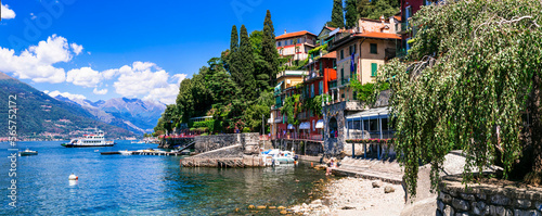 One of the most beautiful lakes of Italy - Lago di Como. panoramic view of beautiful Varenna village, popular tourist attraction