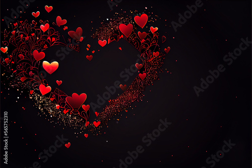 Abstract red and black illustration of hearts and glitter romantic background wallpaper made with generative AI