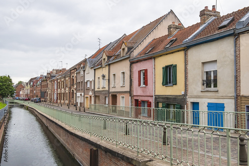 Street view of Amiens: beautiful old houses. Amiens - city and commune in northern France, 120 km north of Paris, capital of Somme department, Hauts-de-France. AMIENS, FRANCE. © dbrnjhrj