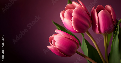Beautiful pink tulips. Spring flowers background with copy space. Illustration #565753746