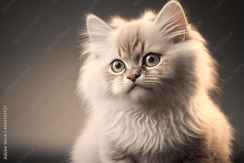 Cute little white fluffy kitten on a gray background with big eyes
