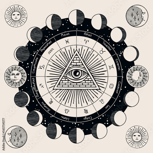 Vector circle of Zodiac signs with hand-drawn Masonic symbol all-seeing eye, Sun and and moon phases. Retro banner with horoscope symbols for astrological forecasts.