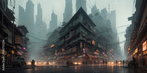 Asian city in cyberpunk style. Streets with a view to the future