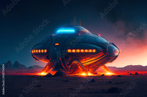 Extraterrestrial spaceship on the alien planet sorrounded with neon glowing lights generative ai illustration