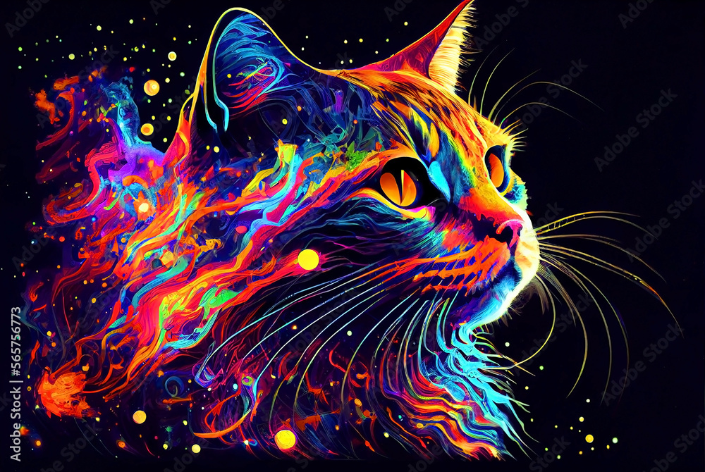 Cat reflective neon glow colors painting illustration. Generative AI.